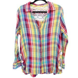 Soft Surroundings Plaid Shirt Women XL Multi Boho Eclectic Whimsical Playful Mod